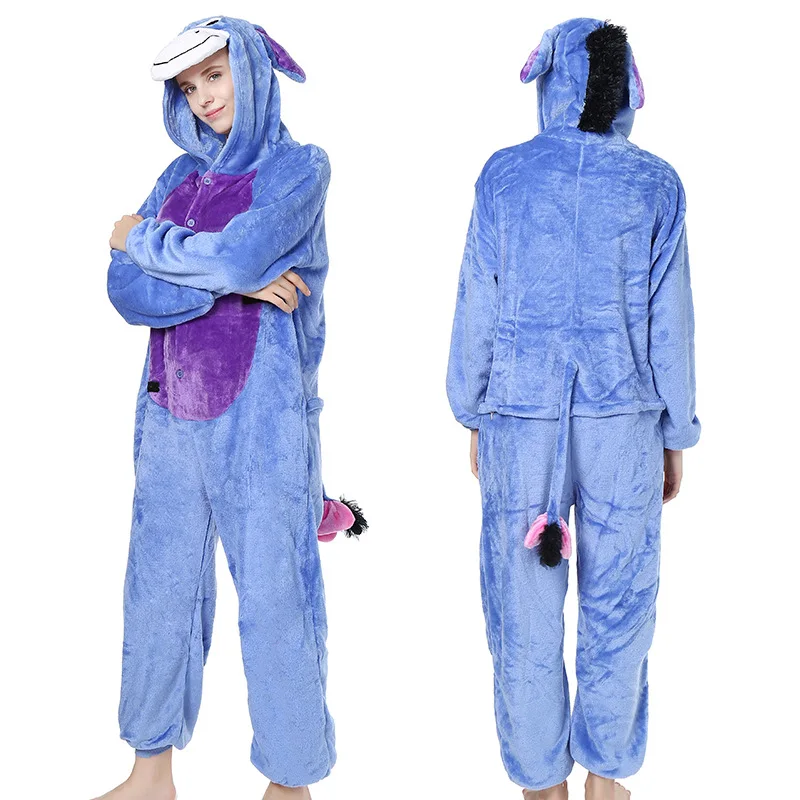 2019 Winter Women Kigurumi Onesie Donkey Pajamas Sets Cute Flannel Animal Pajama Nightie Warm Hooded Sleepwear Costume