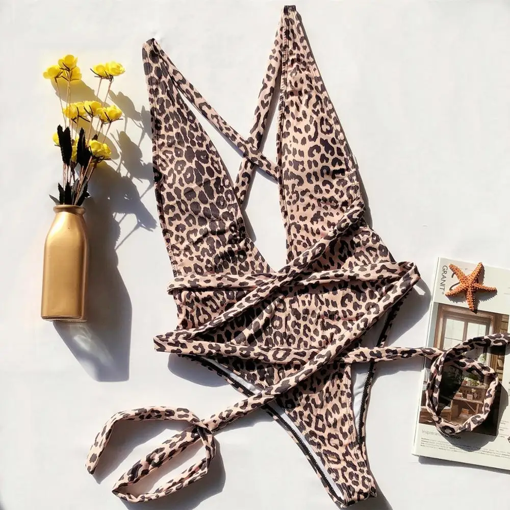 

sexy leopard print swimwear 2019 women high cut one piece swimsuit push up bathing suits bandage cross female backless Bodysuit