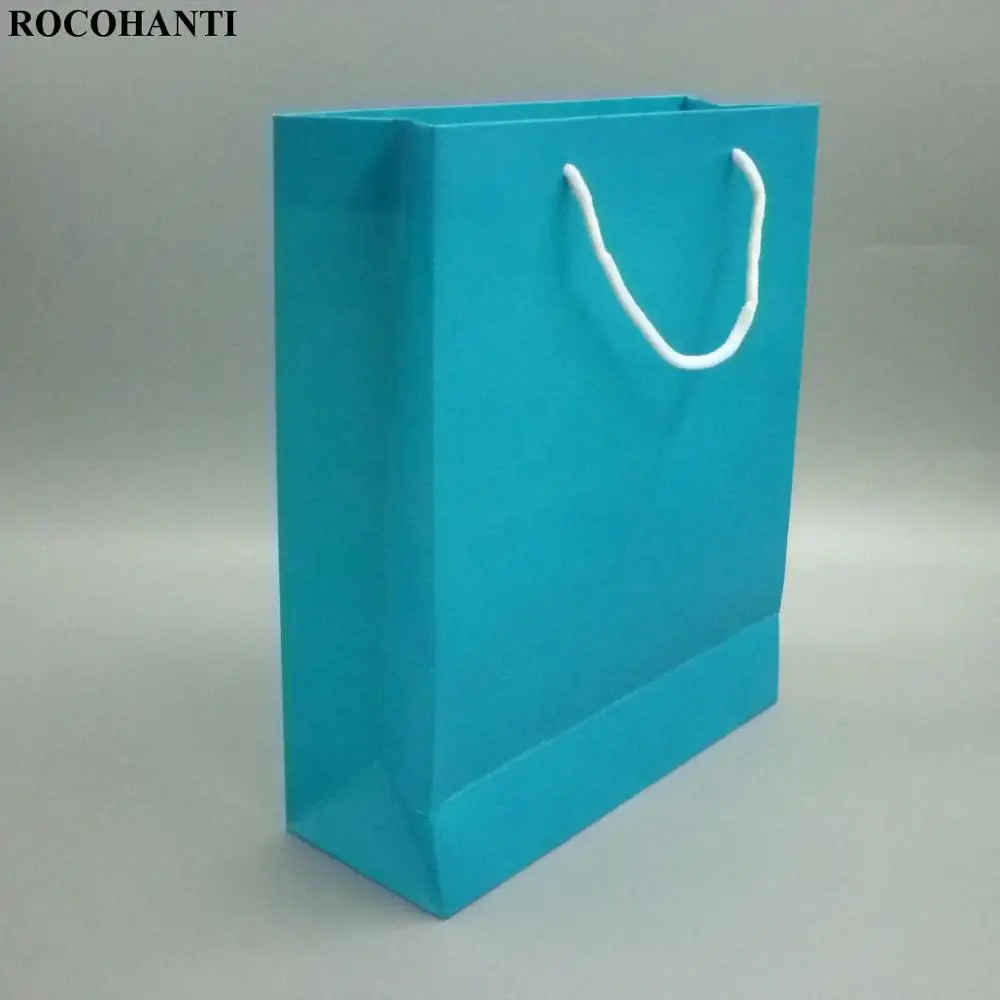 5X250 GSM картонные бумажные пакеты Skyblue рекламная сумка для покупок с ручками из хлопчатобумажной веревки для одежды бутиков средних размеров