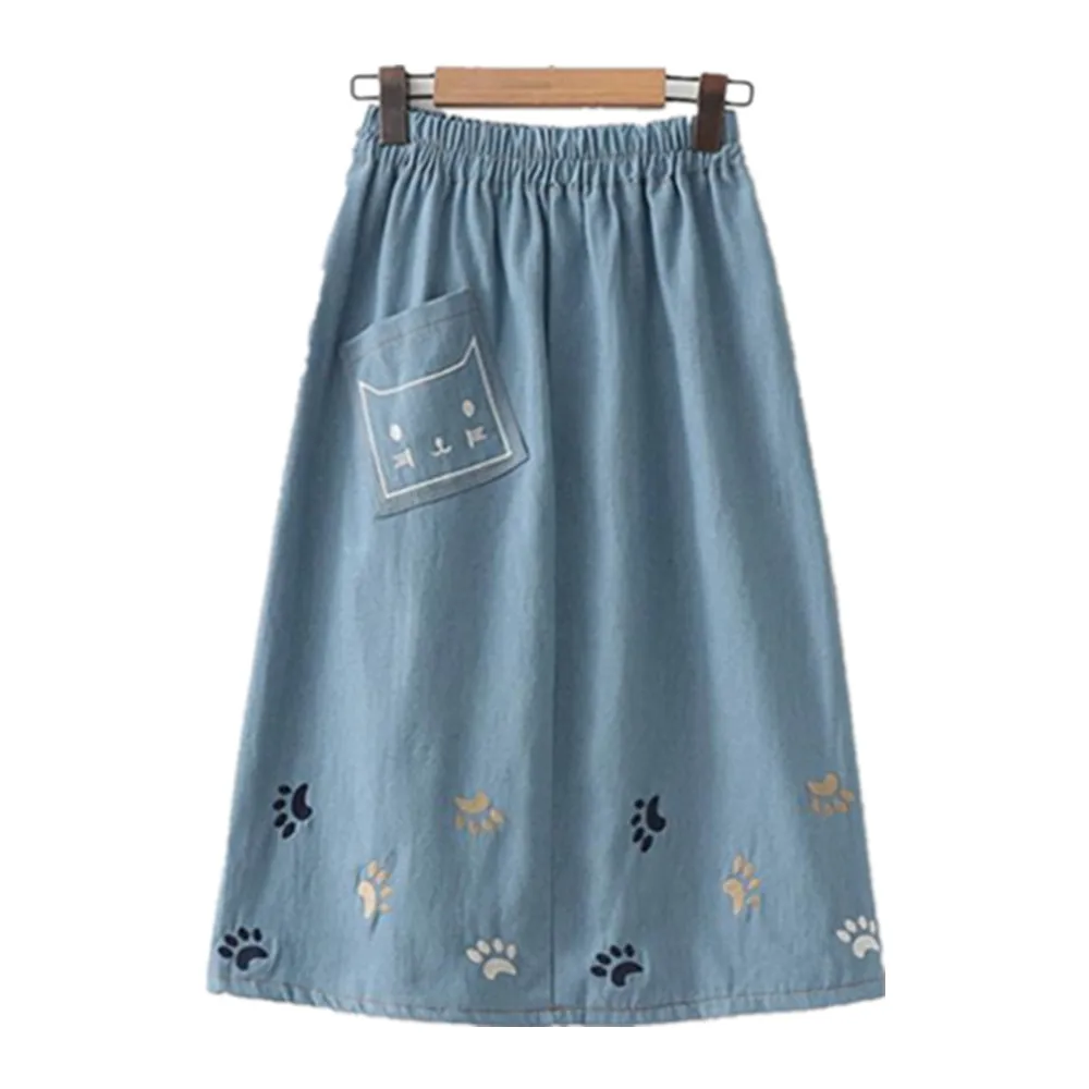 

Denim Long Skirt Women's Midi A Line Skirt High Waist Pleated Saia Jeans Feminino