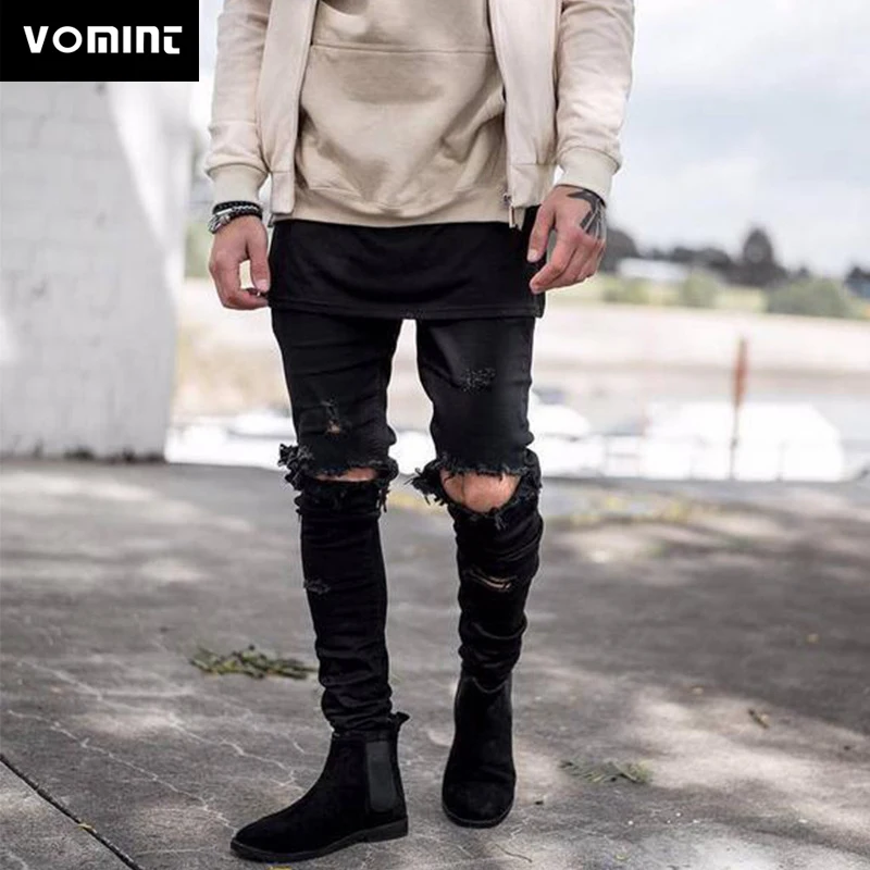 Мужские узкие джинсы VOMINT повседневные Черные скинни с прорезями на коленях