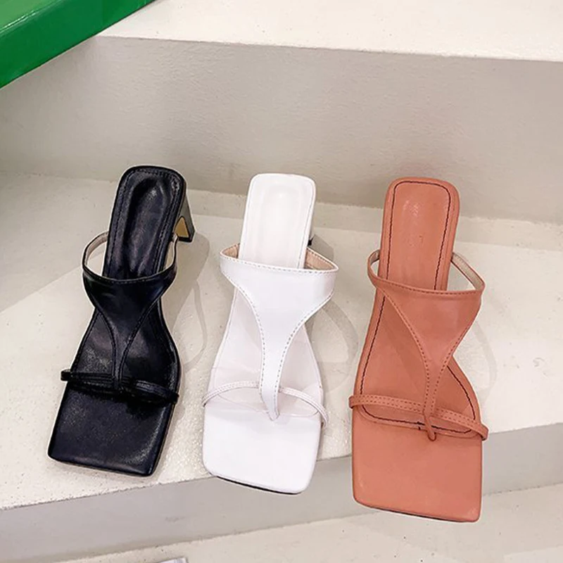 

2021 Summer Fashion Women Mules High Heels Slip-on Slippers Sexy Ladies Square Clip Toed Solid Sandals Outdoor Beach Flip Flops