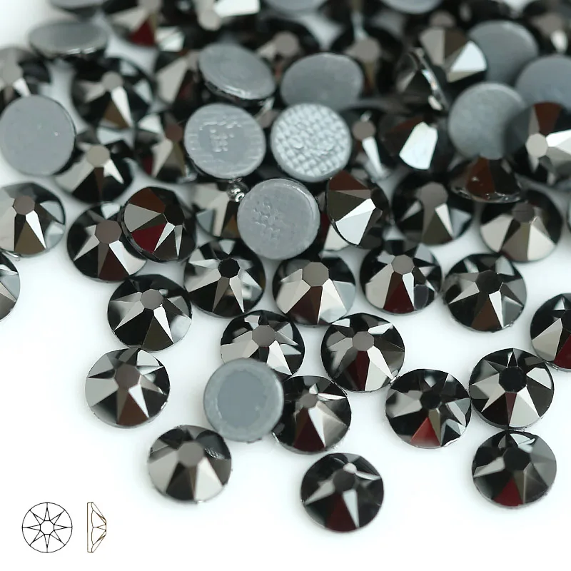 jet hematite 8 big 8 small cutting surface Hot Fix Crystal Rhinestones Glass Hotfix Strass Stone Crystals AB Iron on Clothes - Color: jet hematite