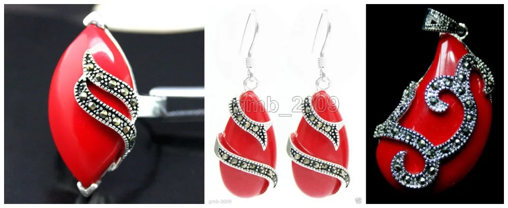 

Unique Red Carved Lacquer Marcasite 925 Sterling Silver Ring(#7-10) Earrings & Pandent jewelry sets