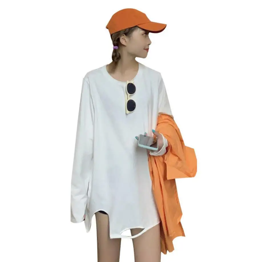 

LISCN Long T-Shirt Female Long-Sleeve White Bottoming Shirt Early Spring Wild Fashion Loose Hollow Out Women's Top