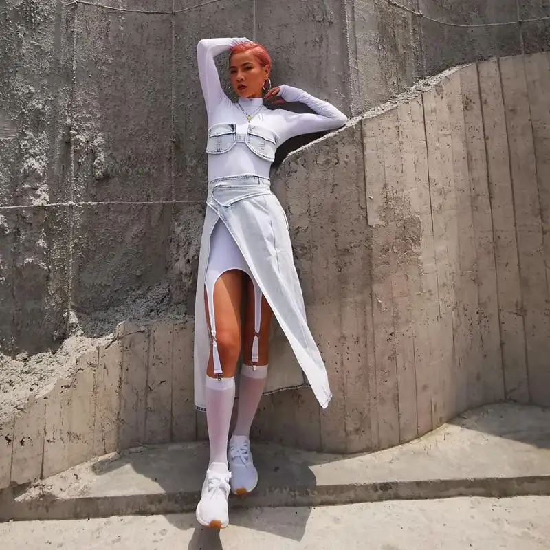 

Sleeve Women Sets Long Bottomed Dress With Denim Bra Split Irregular Jean Skirt 3 Piece Sets Autumn 2020 New Arrival B34C