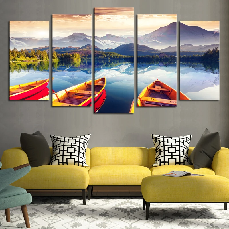 

HD Print Modular Picture Frame Canvas 5 Panel Beautiful Boats Sea Mountain Natural Landscape Painting Home Wall Art Decor PENGDA