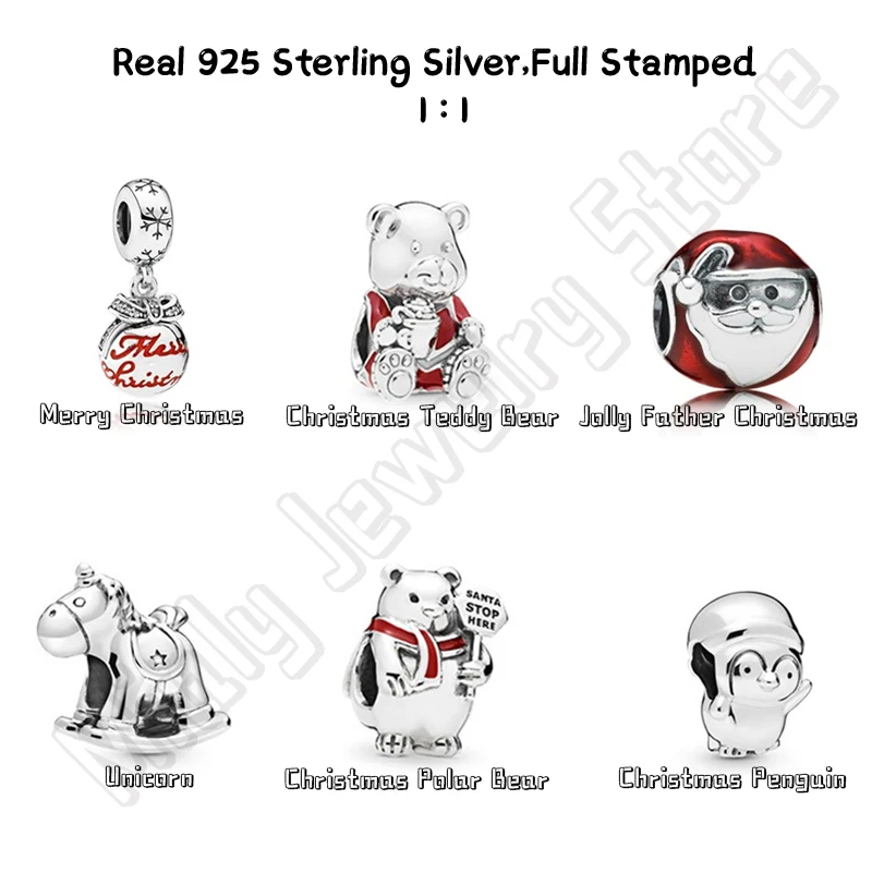 

100% Sterling Silver 925 Unicorn Charms Christmas Penguin Bracelets Bead Fits Original Bangles Female Jewelry DIY Making