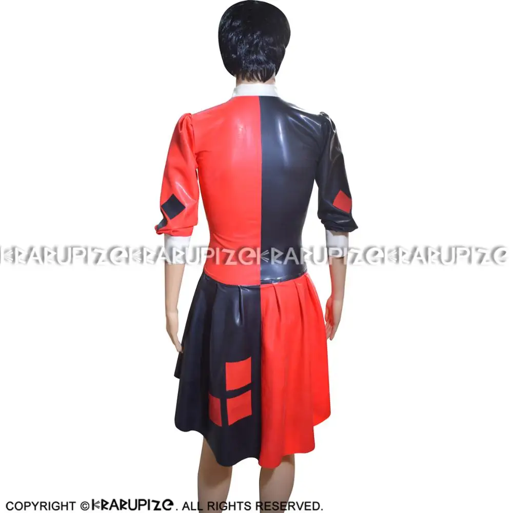 Сексуальное латексное платье клоун с пуговицами спереди отложным воротником