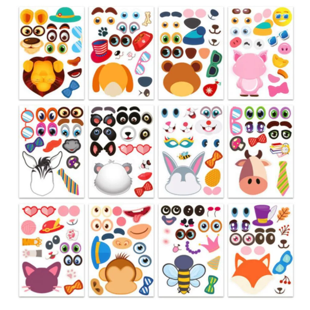 Hojas adhesivas de 12 animales para ni&ntilde;os, l&aacute;minas de pegatinas para hacer una cara DIY, para regalo de Festival, recompensa, cumplea&ntilde;os, recuerdos de fiesta, 36 piezas-0