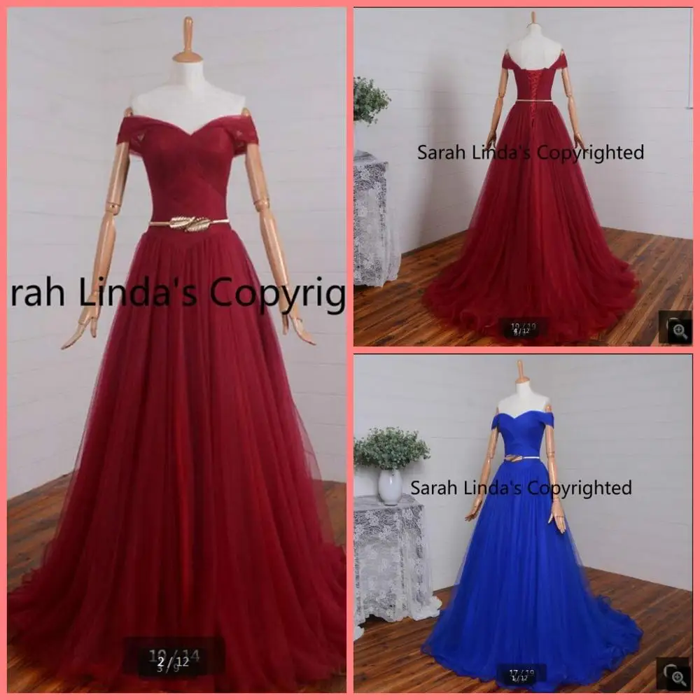 

2020 real picture a line royal blue prom dresses off shoulder pleated v neck tulle prom gowns with sashes evening dresses