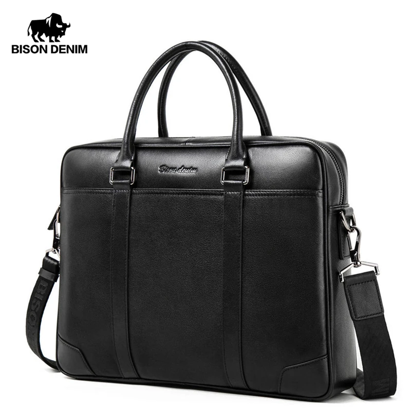 Мужская сумка мессенджер BISON DENIM модная деловая из воловьей кожи для ноутбука 14