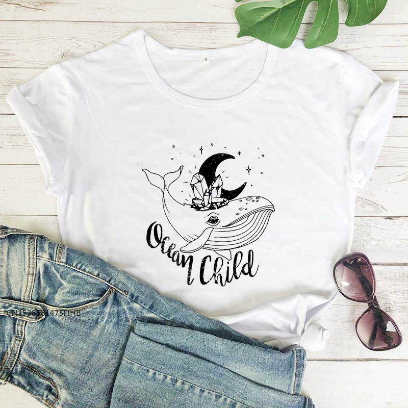 

Ocean Child Whale Crystal Moon T-Shirt Aesthetic Summer Graphic Tee Shirt Top Fashion Women Hipster Witchy Tshirt Premium Fabric