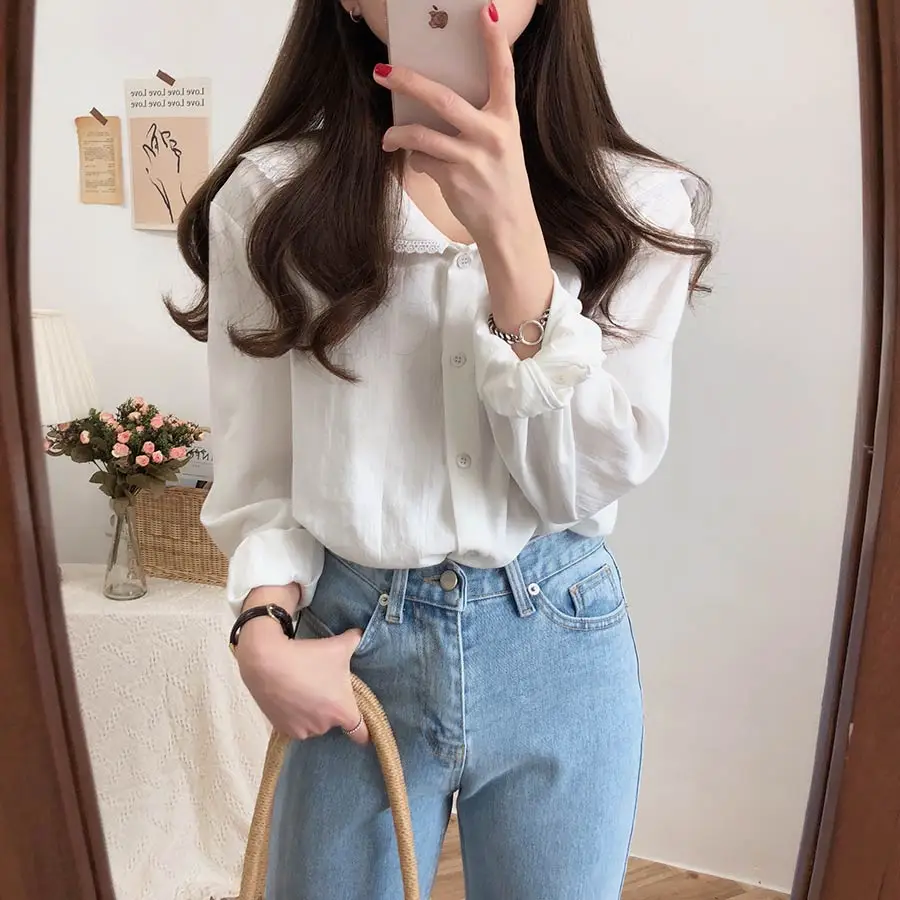 Женская хлопковая блузка с длинными рукавами Повседневная Свободная белая