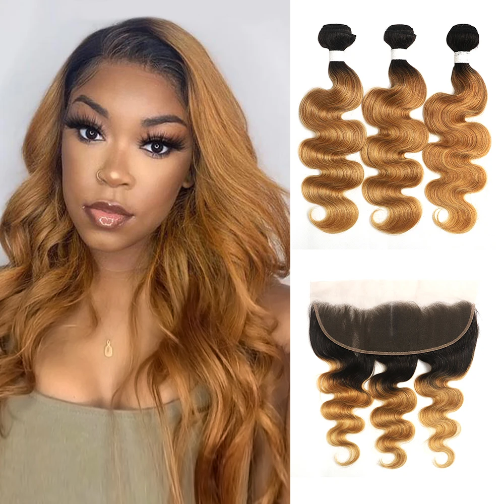 

Ombre Blonde Bundles With Frontal 13x4 SOKU T1B/27 Brazilian Body Wave Human Hair Weave Bundles With Closure Non-Remy Hair