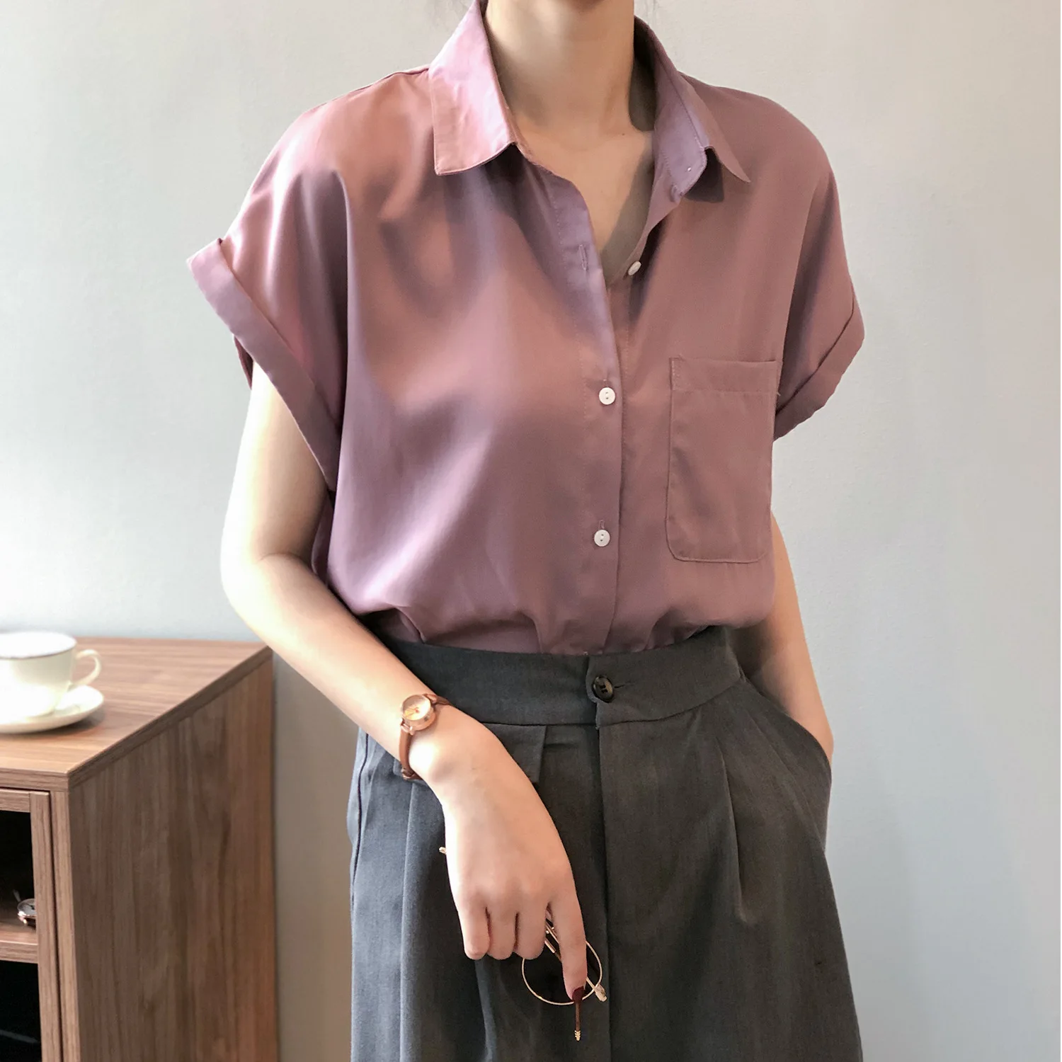 

Womens tops and blouses 2020 Summer New Korean Style Loose Shirts Short Sleeve Ladies Tops Solid Color