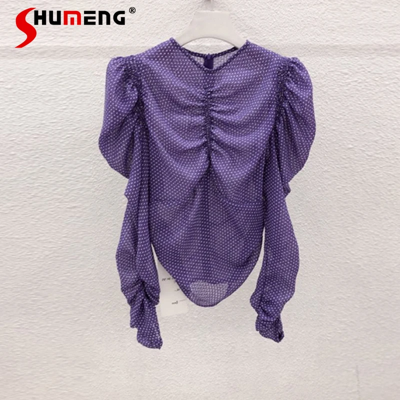 

Новинка осени 2021, женская шифоновая рубашка в горошек в западном стиле, Женский плиссированный топ, пуловер с длинным рукавом и круглым выре...