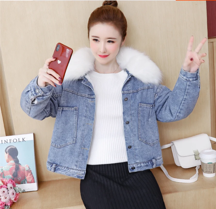 Джинсовая куртка осень-зима 2018 Новая женская бархатная свободная тонкая с