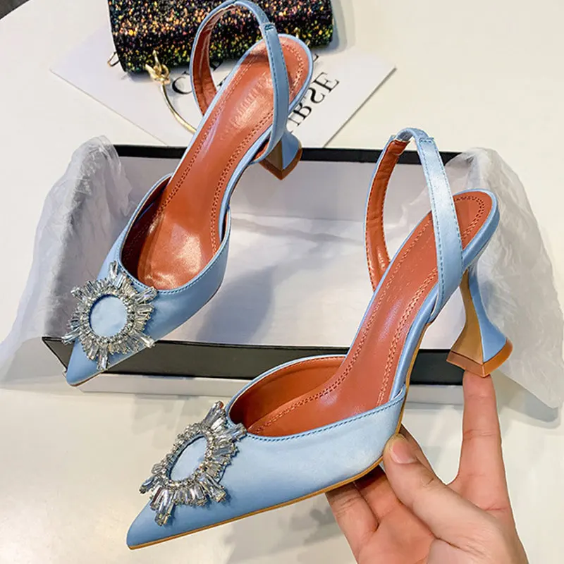 

Blue Women Pumps Silk Satin Pointy Toe Rhinestone Crystal High Heels Shoes Slip On Women Wedding Pumps Sandal