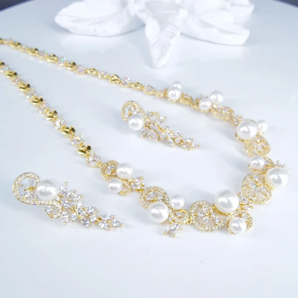 2020new fashion luxury shellpearl CZ Циркон золотое ожерелье серьги набор свадебный банкет