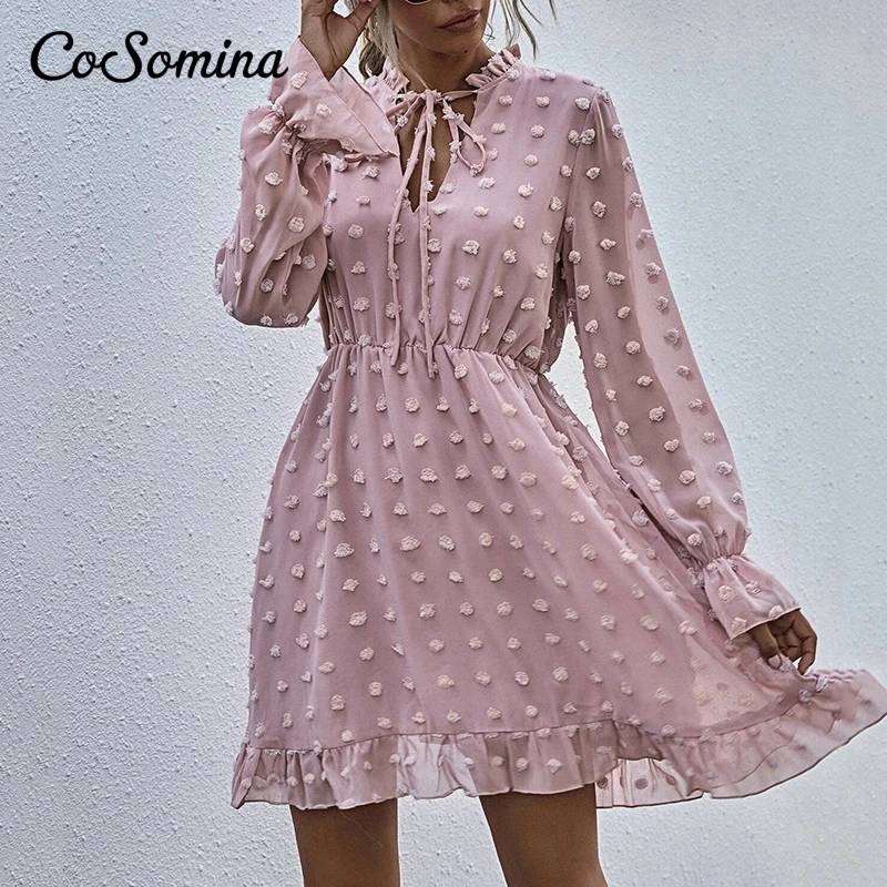 

Летнее шифоновое женское платье CoSomina, с оборками, на шнуровке, с длинным рукавом, в горошек, с высокой талией, 2021