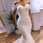 Платье-Русалка с открытыми плечами, кружевное свадебное платье с аппликацией, вышитое бисером, официальное блестящее платье для невесты