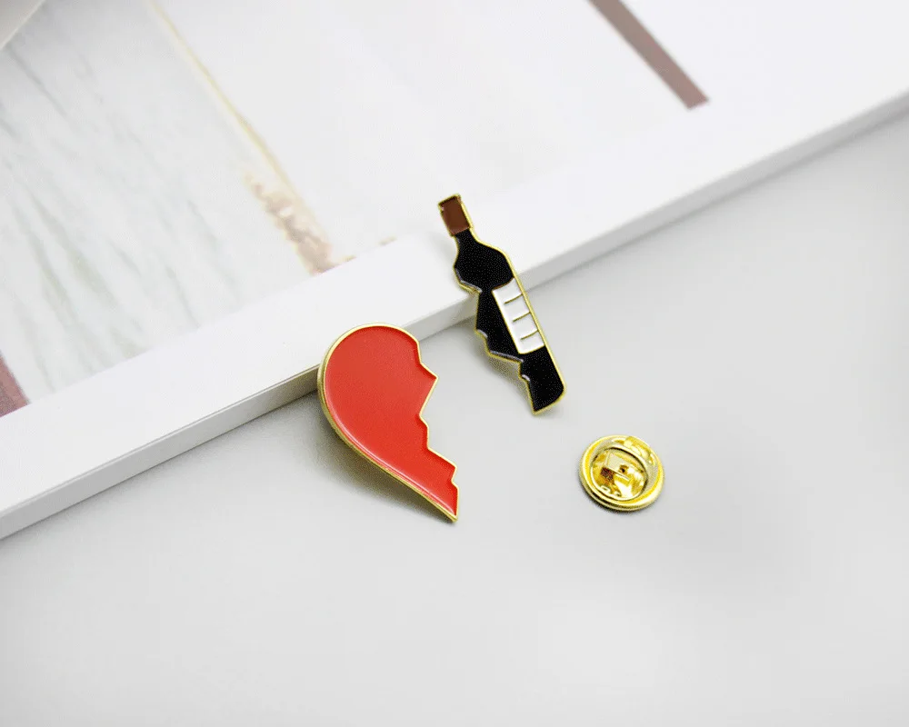 2pcs/set Broken Heart Wine Bottle Pin Metal Brooch Pins DIY Sweater Denim Jacket Badge Gift Jewelry for Women Girl Couple - купить по