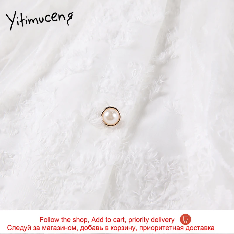 

Yitimuceng Lace Blouse Women Button Up Chiffon Shirts O-Neck Puff Sleeve Solid White Clothes 2021 Summer Fashion New Sweet Tops