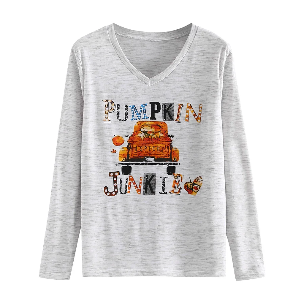 

Fall hit pumpkin junkie letter print V-Neck long sleeve T-shirt