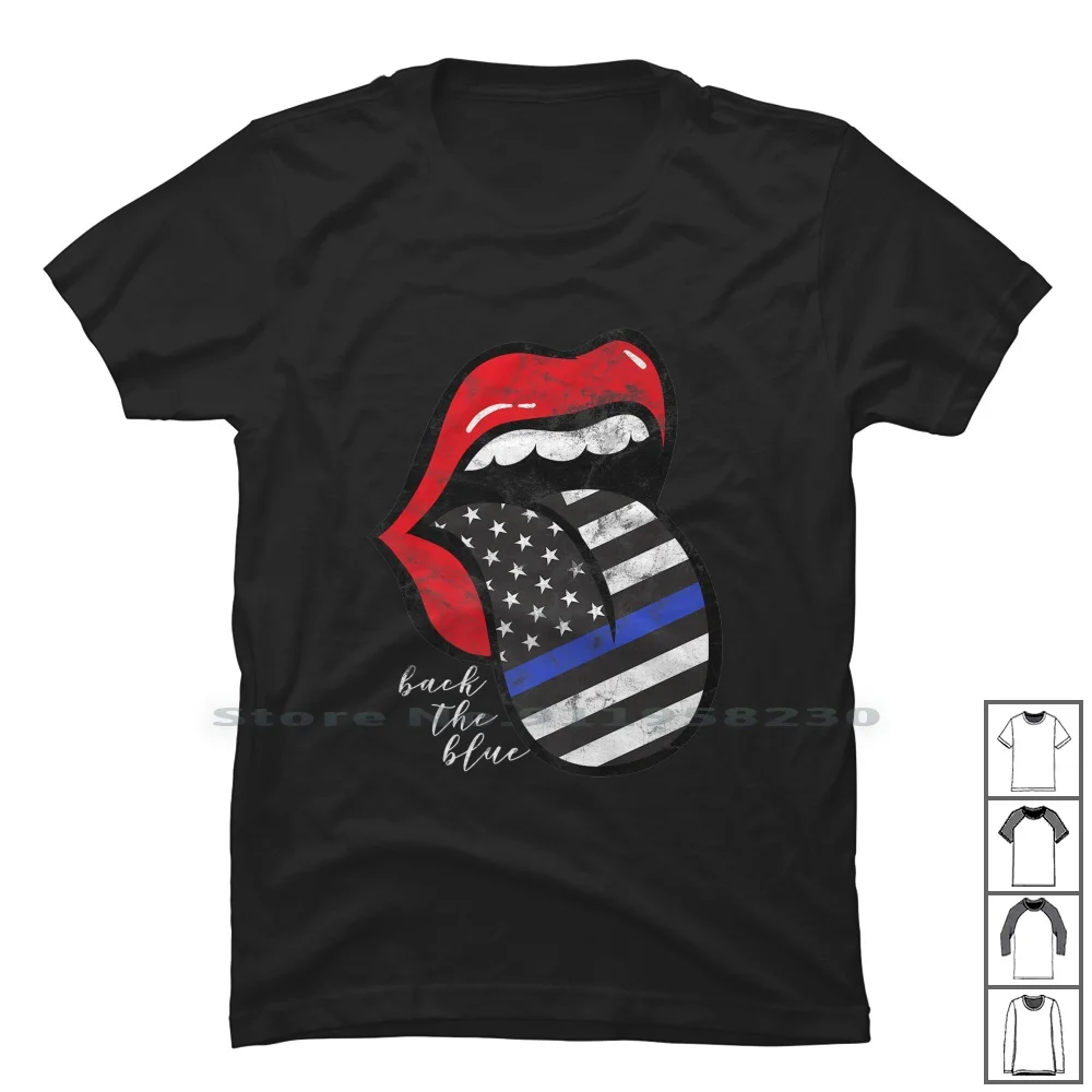 Красные губы полицейский флаг язык спина голубая футболка 100% хлопок полицейские