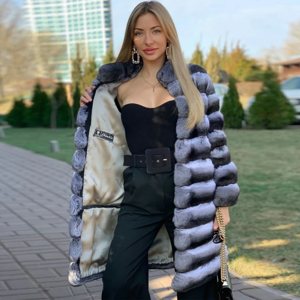 Women Natural Fur Coat Winter Fashion Chinchilla Color Genuine Rex Rabbit Fur Long Coats Stand Collar Trendy Rabbit Fur Overcoat