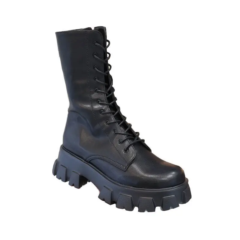 

2021 New Mid Calf Boots Women Autumn Winter Fashion Lace-up Zipper Botas Mujer Boots Sports Platform Heel Ladies Shoes