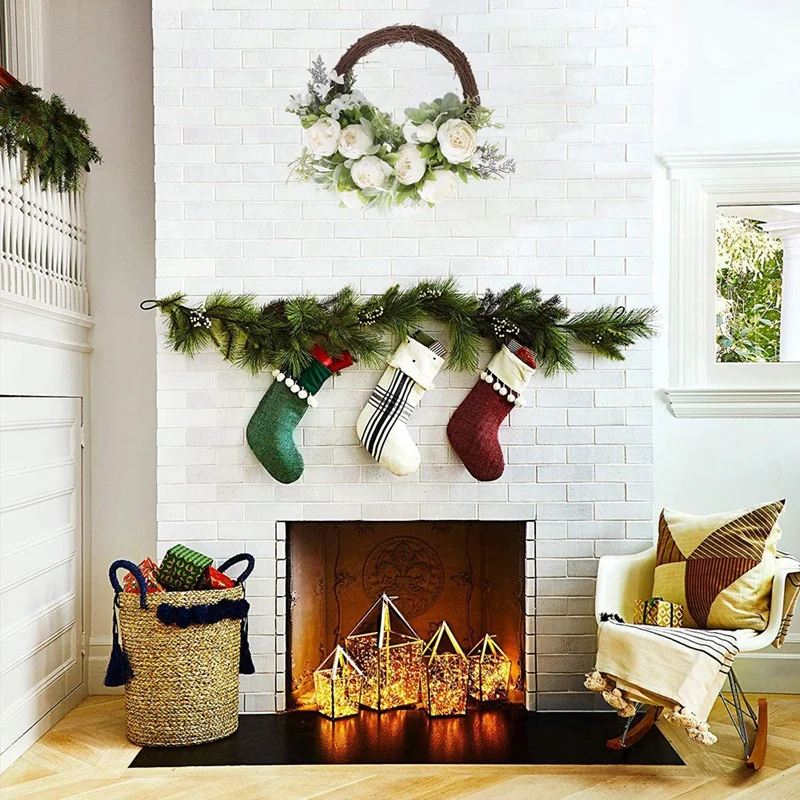 

Artificial Rose Wreath White Rose Flower Green Leaves Welcome Wreath for Front Door All Seasons, Wall Wedding Home Decor