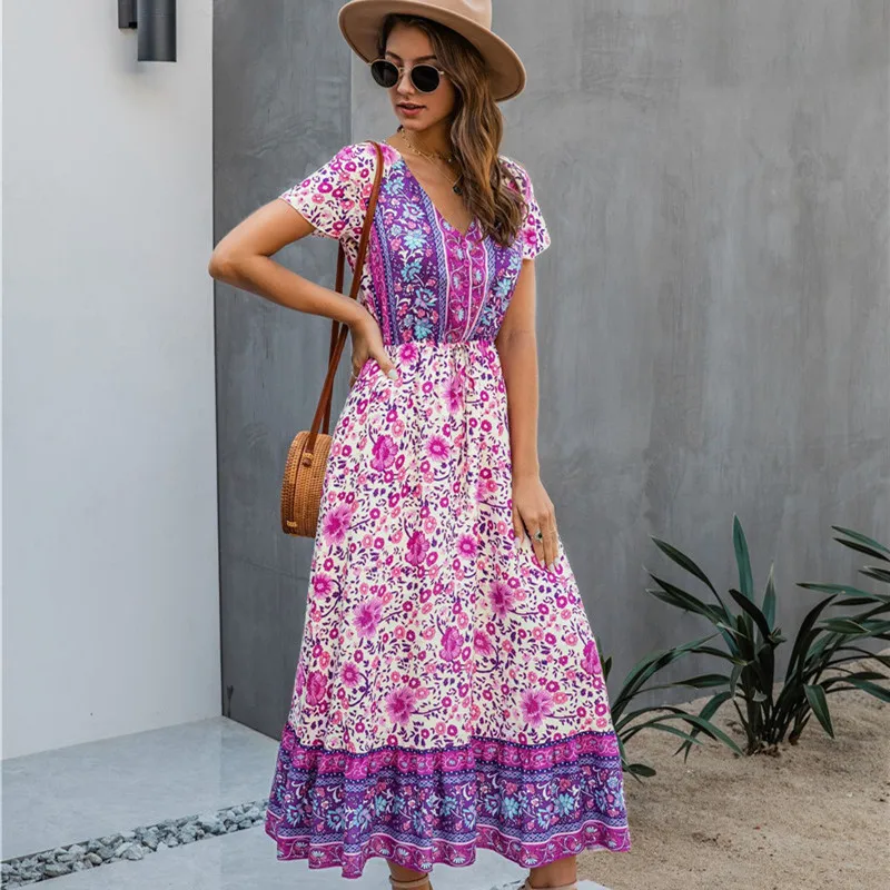 

Bohemian Style Casual Print Women Maxi Dress Summer 2020 V-neck Slim Ruffles Dress for Women