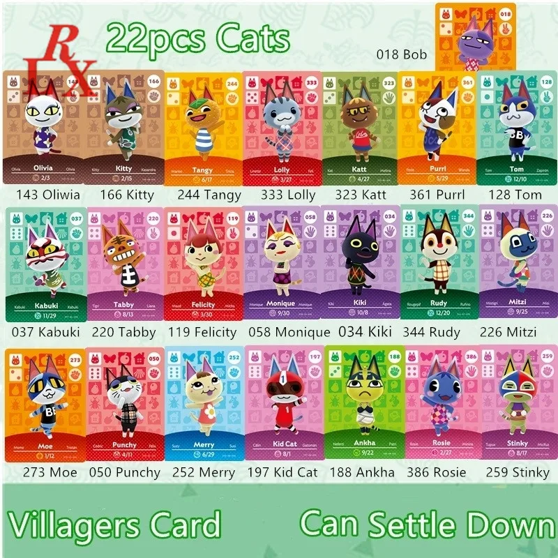 

22 шт., карты с кошками, животными, сельскими жителями, ACNH Croxxing, Боб, Лолли, анкха, Рози, вонючие карты с NFC, игровые карты Ntag215, бирки NS Switch WiiU