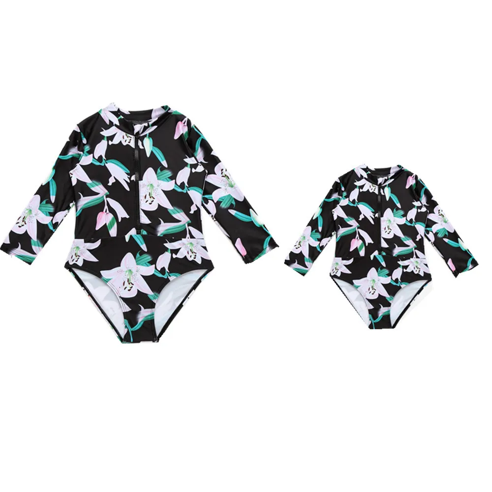 

Mother Daughter One Piece Swimsuits Long Sleeve Mommy Swimwear Zipper Front Mom And Girls Bathing Suit Family Matching Clothes
