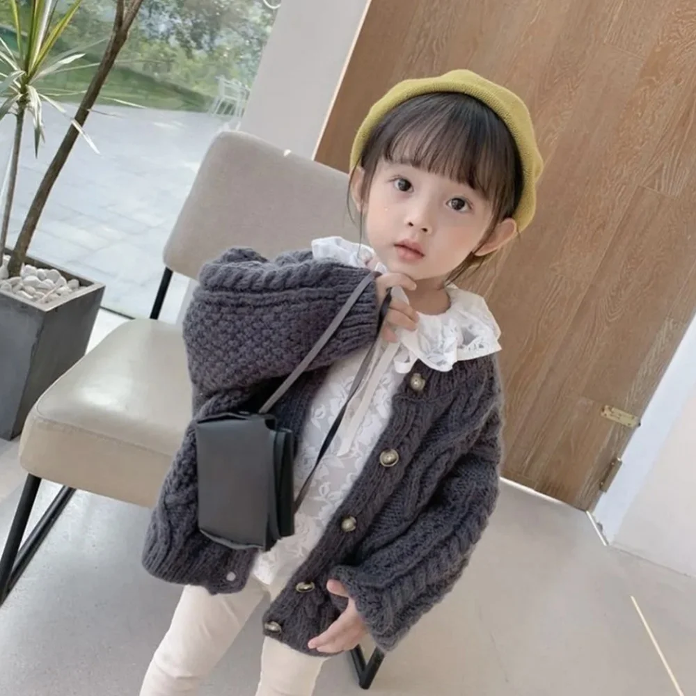 Autumn Winter Girl Cardigan Korean Style Children's Retro Knitted Sweater Toddler Girls Thickened Cardigan Girl's Coat Sweater