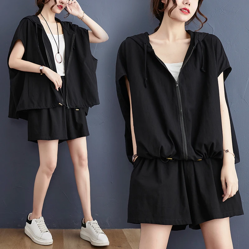 

Summer Plus Size Thin Suit Women Loose Hooded Casual Suit Two Piece Sets Female Loose Drawstring Outfits For Teens