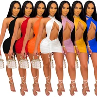 adogirl sexy women party dress elegant backless bodycon slim solid mini dress evening club outfits drawstring ruched dresses