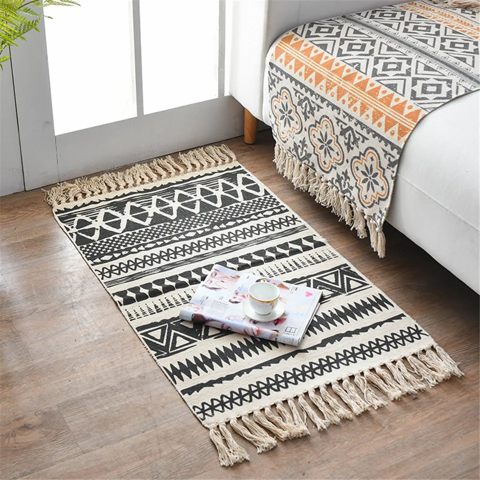 

LISM Fashion Tassel Knitted Carpet For Living Room Kilim Cotton Rug 100% Hand Made Carpets Bohemia Mandala Rug
