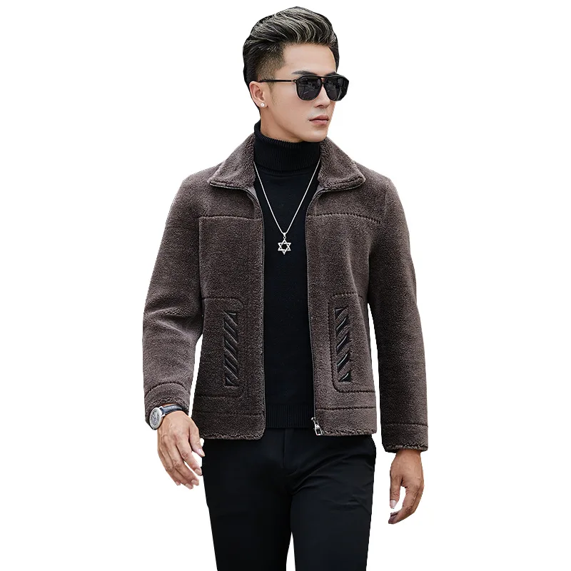 

Men's fur wool lapels and leather zipper pockets series open-stitched fashion youth winter warm sheep shearing jacket