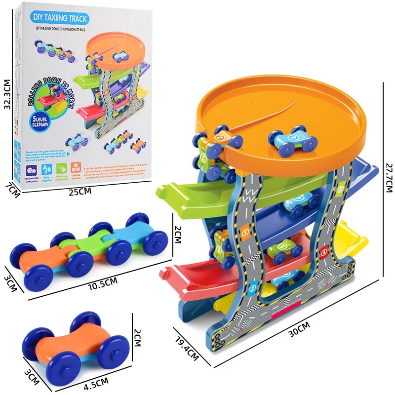 

5-Layer Ramp Race Track & 4 Mini Inertia Car Sliding Toys Baby Toddler Motor Skill Developmental Learning Toys Kid
