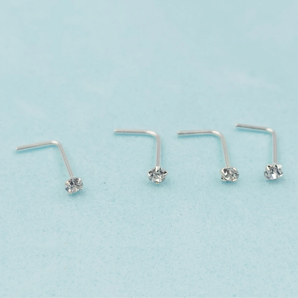 Серьга для пирсинга носа 2 мм прозрачная серебряная L-образная ювелирное изделие