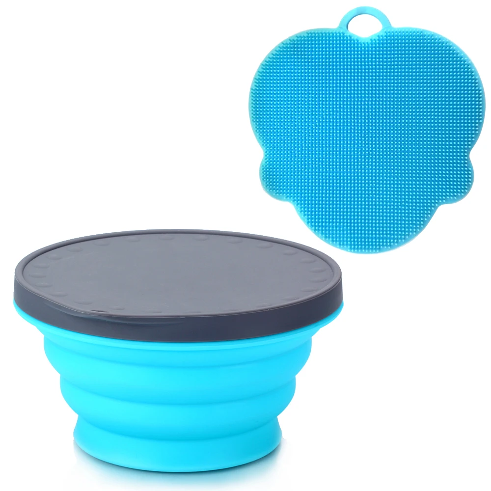Blue Silicone Collapsible Portable Bowl Expandable Bowl with Lid and Silicone Dish Sponge for Travel Camping Hiking - Цвет: Blue