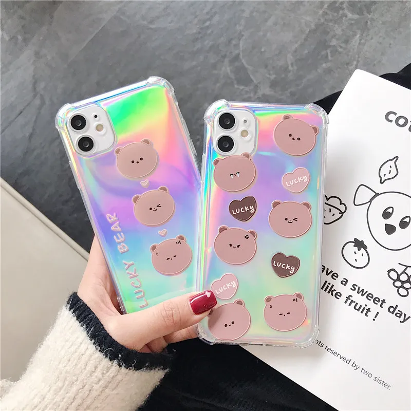 

Cute Retro Laser Brown bear letter animal blu ray Phone case For iPhone 11 Pro Max XR X Max case for coque iPhone 7 8 Plus Case