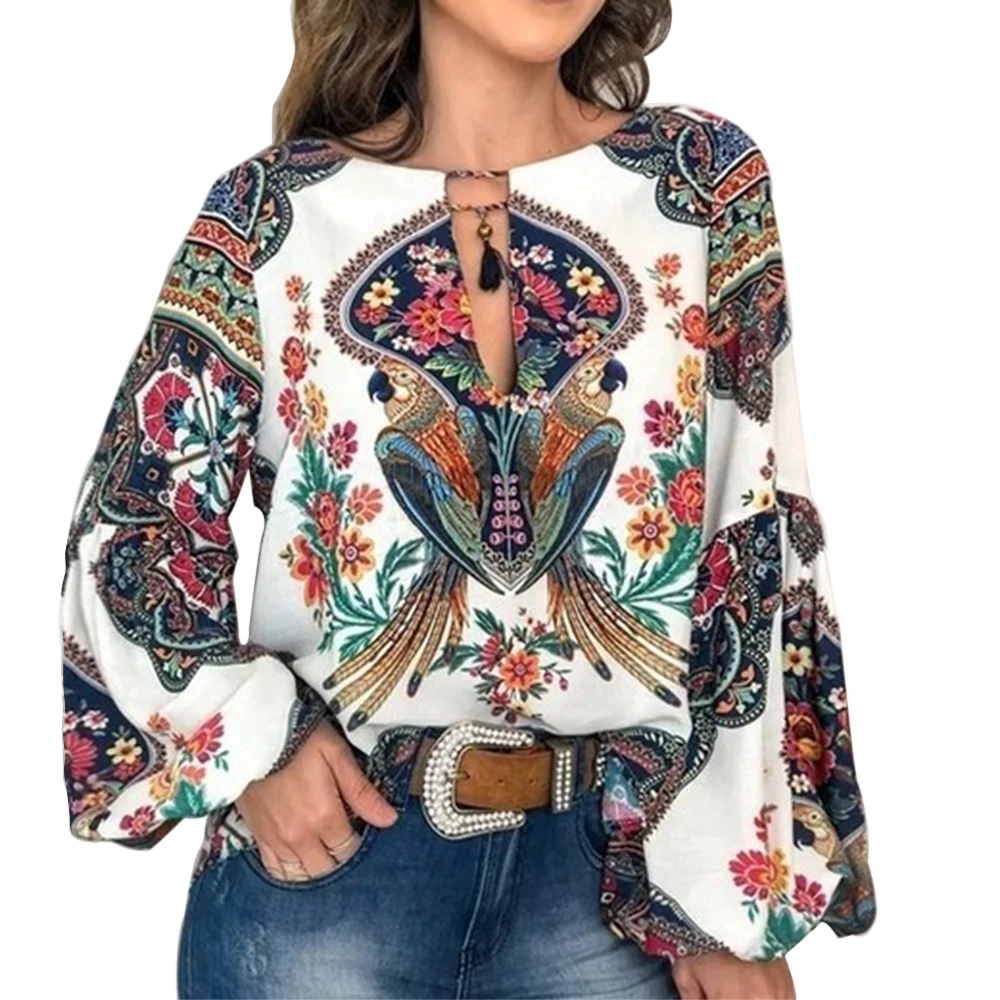2019 Autumn Bohemian Blouse Women Plus Size 5XL Shirt Vintage Floral Print Top Ladies Blouses Casual V Neck Blusas Mujer De Moda | Женская