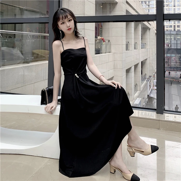 

COIGARSAM Sexy Women dress Summer Spaghetti Strap Dresses Black 8108