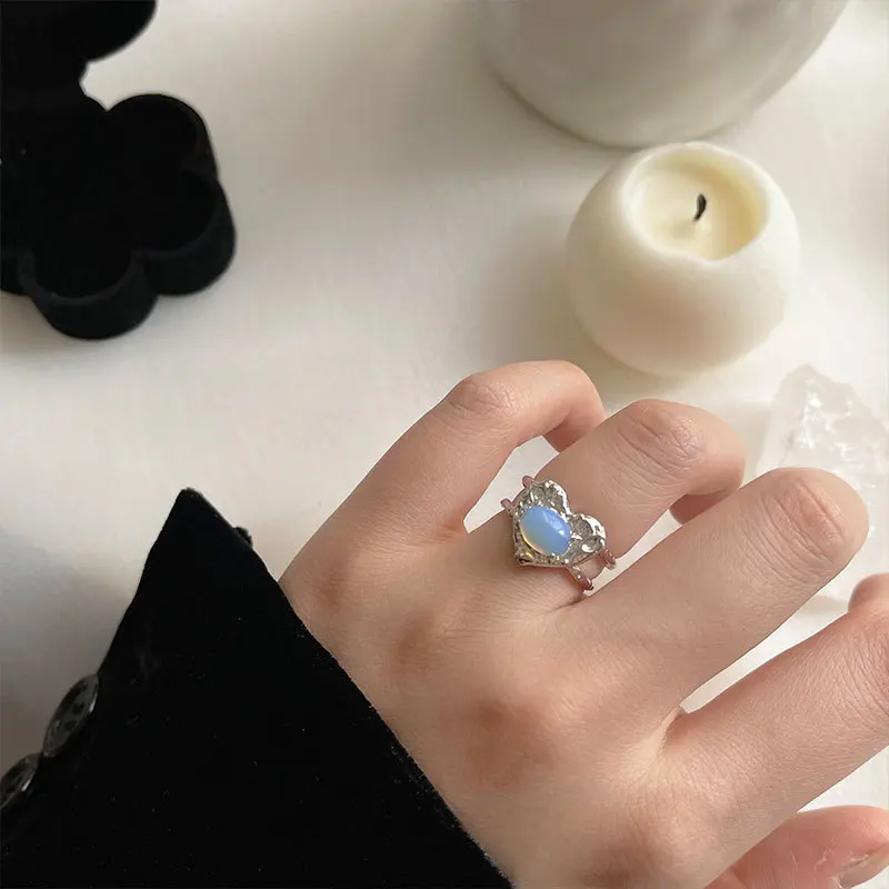 

2021 Trend Pink Purple Gem Irregular Heart Rings For Women Punk Fashion Creative Geometric Open Ring Vintage Jewelry