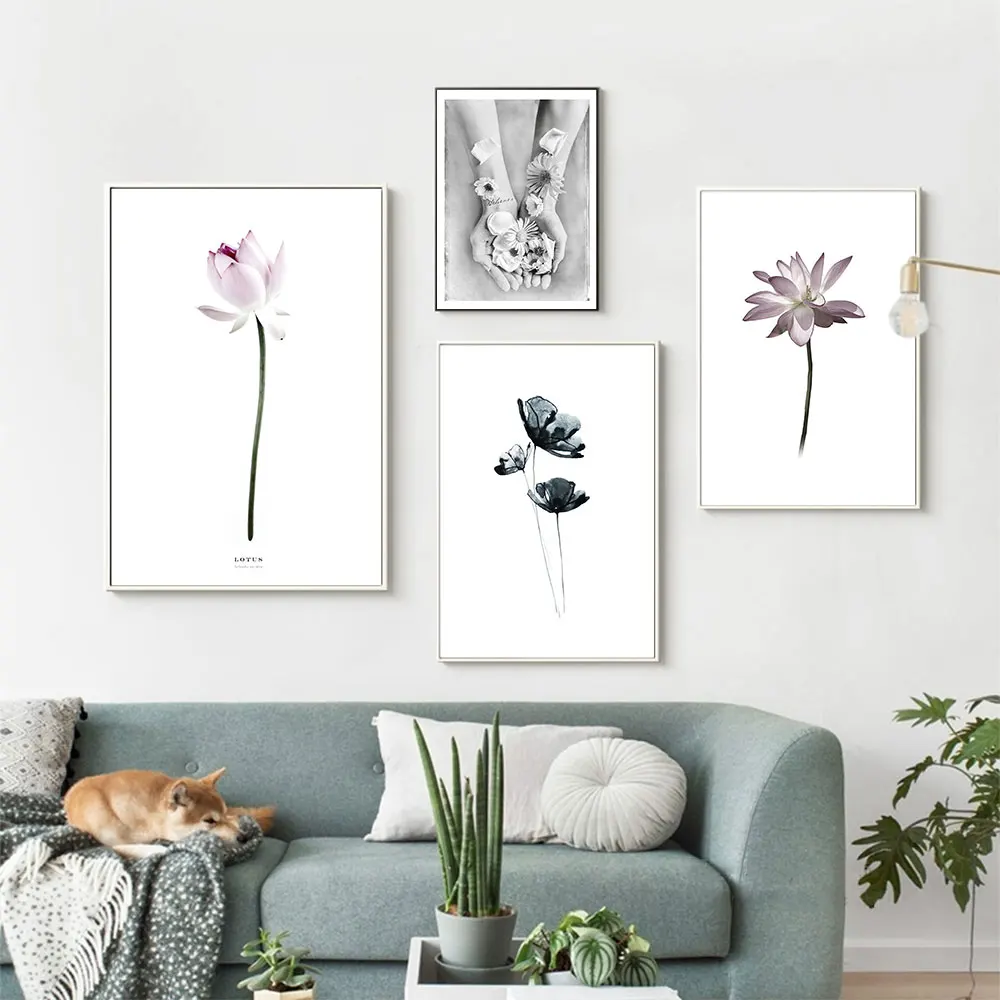 

Скандинавский плакат минималистский ботанический Лотос холст Холдинг Цветы чернильная Живопись Художественная печать Настенная картина ...