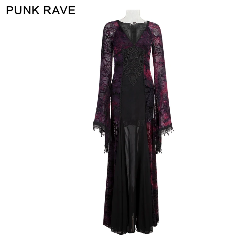 Женское платье в стиле панк готическое темно фиолетовое ведьмы с длинным рукавом